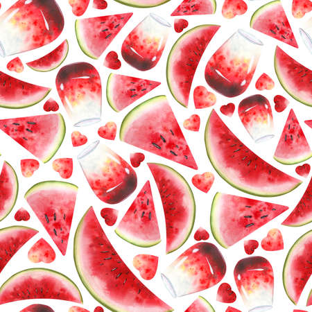 Watermelon slices and watermelon juice, cocktail in a glass, watermelon hearts. Seamless pattern, watercolor. Bright, juicy, for decoration and design of fabric, textiles, wallpaper, cover, paper.の写真素材