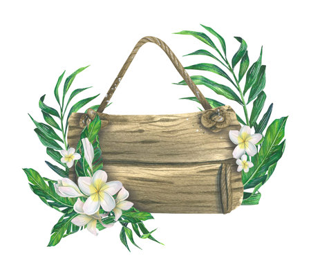 A wooden plaque with a jute rope. tropical leaves and plumeria flowers. Watercolor illustration. Composition for the design and decoration of posters, postcards, souvenirs, prints, stickers.の写真素材