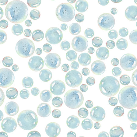 Bubbles of water, sea, ocean. Blue on a white background. Watercolor, seamless pattern. For...