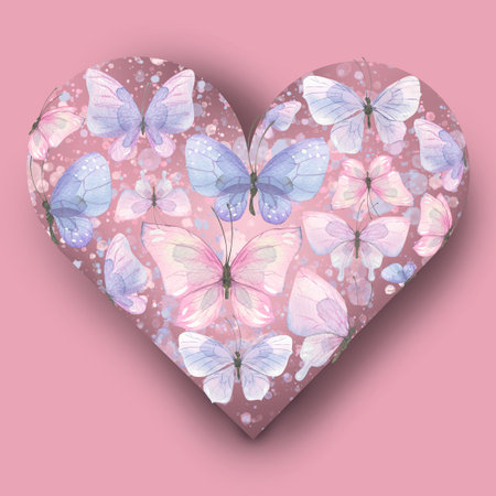 A beautiful pink heart with airy butterflies. Watercolor illustration. Composition for the design and decoration of postcards, posters, souvenirs, stickers, covers, prints.の写真素材