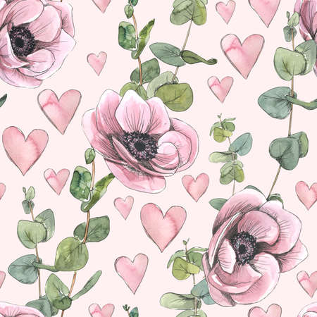 Lilac anemones with eucalyptus twigs and pink hearts. Watercolor illustration in sketch style. Seamless pattern from a large set of PARIS. For fabric, textiles, wallpaper, cover, paper.の写真素材