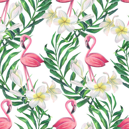 Pink flamingo with plumeria flowers and palm leaves. Watercolor illustration, tropical. Seamless pattern. For decoration and design of fabrics, prints, textiles, wallpaper, paper, covers.の写真素材