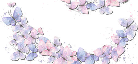 Horizontal frame of flying butterflies, pink blue, purple, with splashes of paint. Watercolor illustration. For invitations, certificates, flyers, posters, postcards, banners, decoration and design.の写真素材