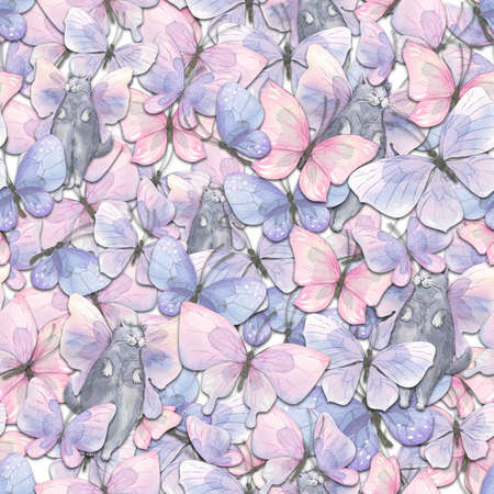 Delicate lilac and pink butterflies with a gray cat with wings. Watercolor, seamless pattern. For textiles, fabrics, covers, bed linen, childrens prints, packaging, wrappers, souvenirs, accessories.の写真素材