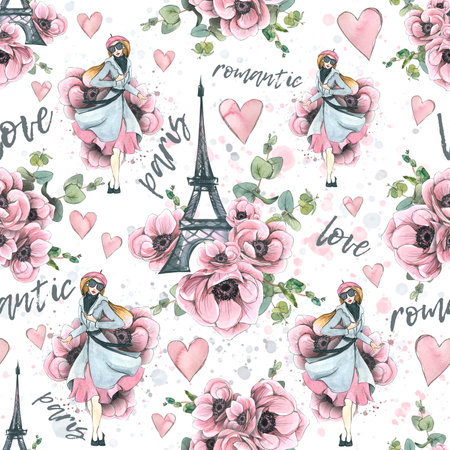 Eiffel Tower and Parisian woman in anemone flowers with pink hearts and inscriptions. Watercolor illustration in sketch style with graphic elements. Seamless pattern from a large set of PARIS.の写真素材