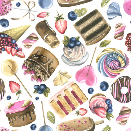 Various sweets, cakes, cupcakes, lollipops, berries. watercolor illustration. Seamless pattern from a large set of SWEETS. For fabric, kitchen textiles, packaging paper, tableware, bakery menuの写真素材