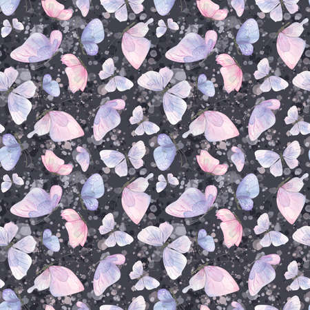 Delicate, pink and lilac butterflies with splashes of paint on a dark background. Watercolor illustration. Seamless pattern. For fabric, textiles, wallpaper, childrens clothing, packaging paper.の写真素材