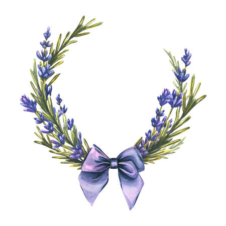 A round frame made of twigs and lavender flowers with a cute purple bow. Watercolor illustration. A wreath from a large set of LAVENDER SPA. For the design and decoration of posters, postcardsの写真素材