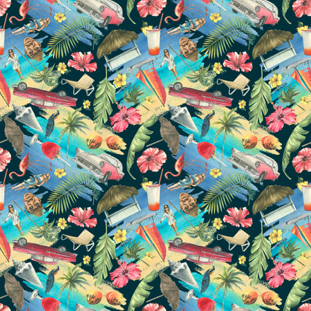 Tropical, Cuban, bright pattern. Seamless on a dark background with cocktails, palm trees, retro cars, pink flamingos, seashells. Watercolor illustration from a large CUBA set.の写真素材