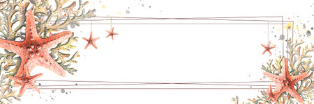 Horizontal frame with sea stars and corals. Watercolor illustration. For the design and decoration of postcards, certificates, invitations, beach souvenirs, accessories, ads, logos, information signsの写真素材