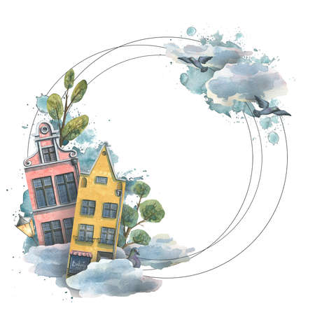 Round frame with cute European houses, clouds, trees and pigeons. Watercolor illustration. For the design and decoration of tourist stickers, postcards, booklets, advertisements, certificates, ticketsの写真素材
