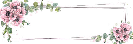 Horizontal frame with pink flowers, anemones and eucalyptus twigs. Watercolor illustration with graphic elements, in sketch style. A board from a large set of PARIS. For decoration and design.の写真素材