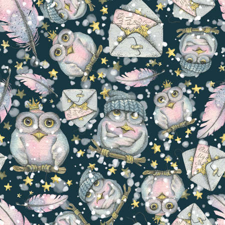 Magic owls, letters, envelopes and feathers. Winter, New Year, Christmas pattern. Watercolor illustration. For fabric, textiles, packaging paper, covers clothing wallpaperwebsites childrensの写真素材