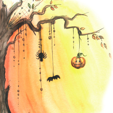 Halloween, orange background with tree, spider, spider web, pumpkin. Watercolor illustration. For the design and decoration of postcards, posters, invitations, flyers, advertising.の写真素材