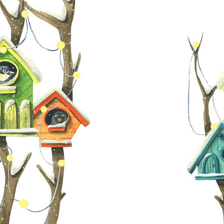 Colorful birdhouses with birds on trees with lights, garlands and snow. Watercolor illustration. Isolated on a white background. For the decoration and design of the new year, Christmas and winterの写真素材