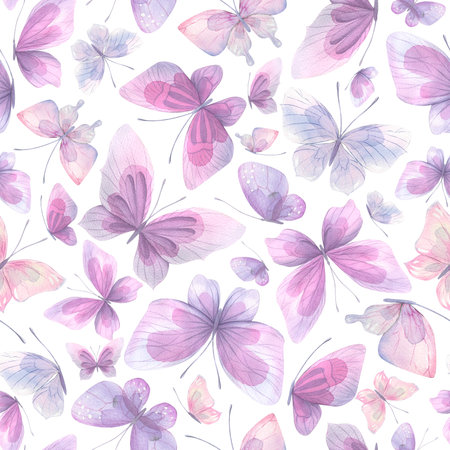 Delicate lilac butterflies on a white background, seamless pattern. Watercolor illustration. For fabric,textiles, wallpaper, wrapping paper, wrappers, covers, prints, clothing, souvenirs, accessories.の写真素材