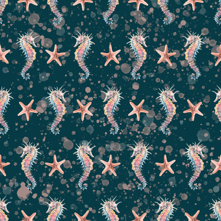 Seahorses and starfish with splashes of water on a dark blue background. Watercolor illustration. Seamless pattern, ornament. For fabric, textiles, wallpaper, cover, beach, summer, sea.の写真素材