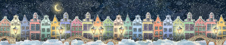 Horizontal banner with cute European houses, bridges, lanterns, snowdrifts, moon and snowfall. Night, urban, winter landscape. Watercolor illustration for the decoration of the New Year, Christmas.の写真素材