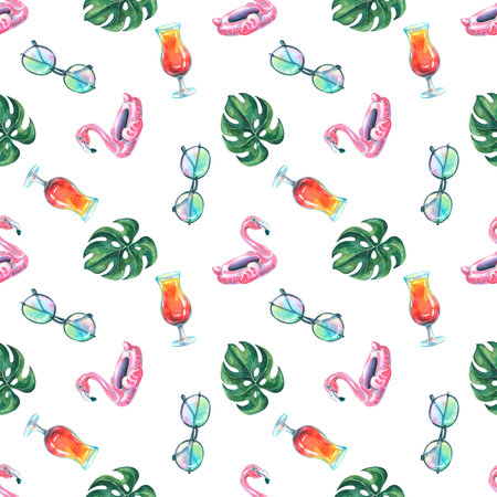 A tropical, seamless pattern with pink flamingos, monstera leaves, sunglasses and a beach cocktail....