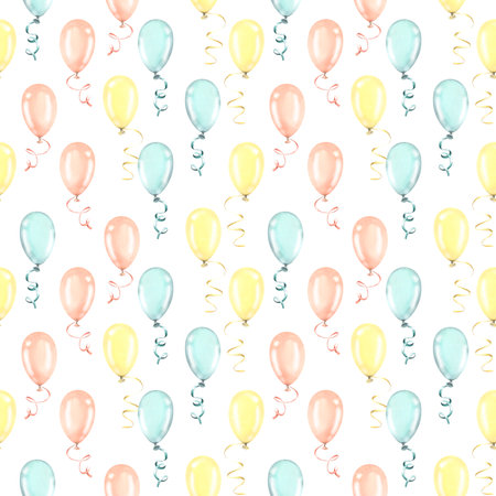 Festive, seamless pattern with balloons of yellow, blue and pink colors on a white background. Watercolor illustration from a large set of HAPPY BIRTHDAY. For decoration and background design.の写真素材