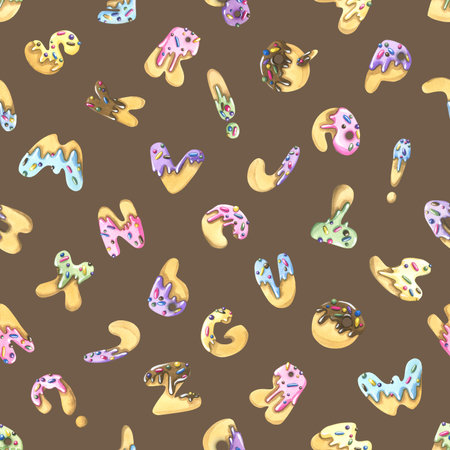 Latin letters sweet cookies with icing and confectionery sprinkles, multicolored. Watercolor illustration. Seamless pattern on a brown background from the collection of ICE CREAM and SWEETS.の写真素材