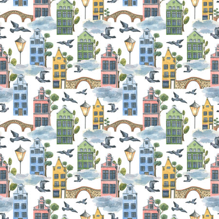 European houses, bridges, trees, clouds and pigeons. Watercolor illustration. Seamless pattern on a white background. For fabric, textiles, wallpaper, prints, covers, travel booklets, childrens roomsの写真素材