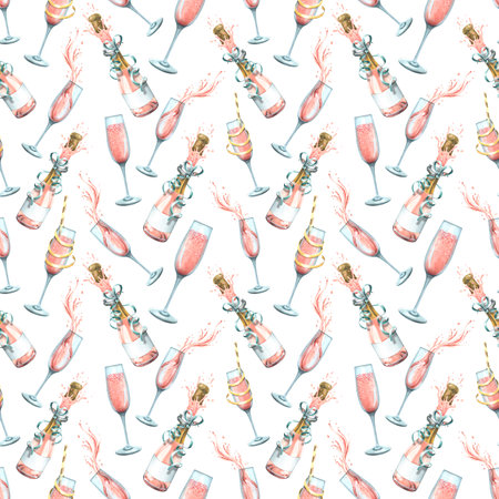 Bottles and glasses with pink champagne, with festive ribbons. Watercolor illustration. Seamless pattern on a white background from a large set of HAPPY BIRTHDAY. For congratulations and giftsの写真素材