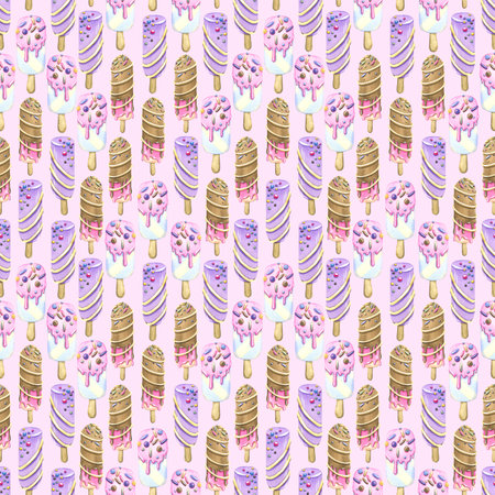 Ice cream on a stick, iced popsicle with pastry sprinkles on a pink background. Watercolor illustration. Seamless pattern from a large set of ICE CREAM. For fabric, textiles, wallpaper, paperの写真素材