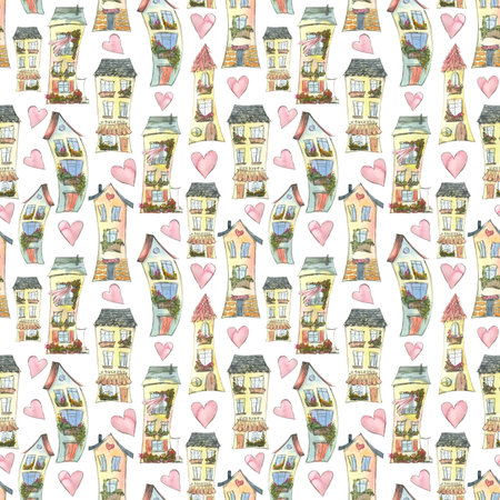 Cute houses with hearts. Watercolor illustration in sketch style with graphic elements from a large set of PARIS. Seamless pattern. For fabric, textiles, packaging paper, covers, , travel booklets.の写真素材