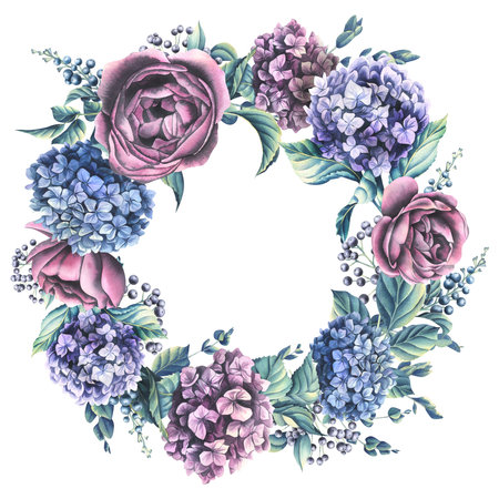 Hydrangea flowers, roses and decorative leaves, berries, eucalyptus twigs. Watercolor illustration. Round wreath, frame from the collection WEDDING FLOWERS. For invitations, certificates, postcards.の写真素材