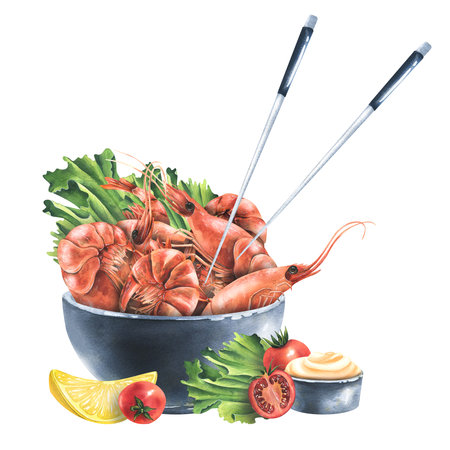 Boiled shrimp in a ceramic bowl with lettuce leaves, lemon, cherry tomatoes, sauce and Chinese chopsticks. Watercolor illustration. Composition from the SHRIMP collection. For decoration and design.の写真素材