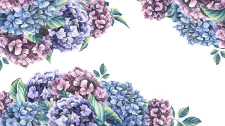Hydrangea flowers are pink, lilac and blue with leaves. Watercolor illustration. Board from the...