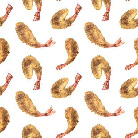 Fried shrimp, tempura of different shapes on a white background. Watercolor illustration. Seamless pattern from the SHRIMP collection. For decoration and design of menus, recipes, paper, packaging.の写真素材