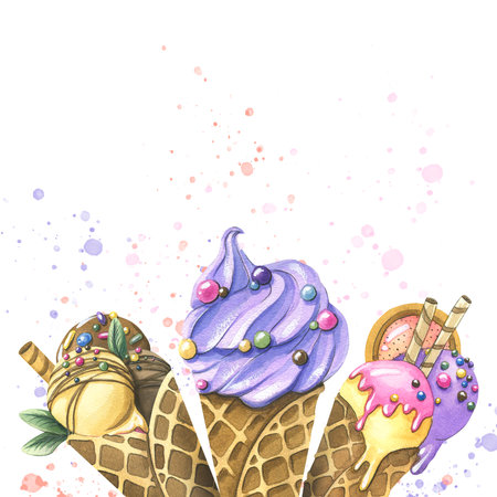 Various ice cream in waffle cones with confectionery sprinkles, topping, sauce and decorations. Watercolor illustration. A blank from the ICE CREAM collection. For the design and designの写真素材