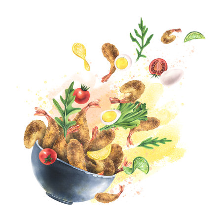 Breaded shrimp, tempura in a ceramic bowl with arugula, cherry tomatoes, quail eggs, lime and lemon. Watercolor illustration. Levitation composition from the collection of SHRIMP. For menusの写真素材