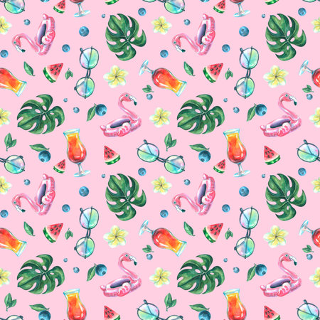 Bright, juicy, tropical, seamless pattern with pink flamingo, monstera leaves, sunglasses,...