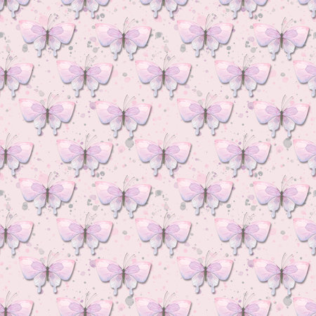 Delicate lilac butterflies with splashes of paint on a white background. Watercolor illustration. Seamless pattern from the collection of CATS AND BUTTERFLIES. For fabric, wallpaper, packagingの写真素材