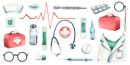A set of medical equipment, first aid kit. Watercolor illustration. Isolated objects from the VETERINARY collection. For the design and design of clinics, hospitals, medicines, pharmacies.の写真素材