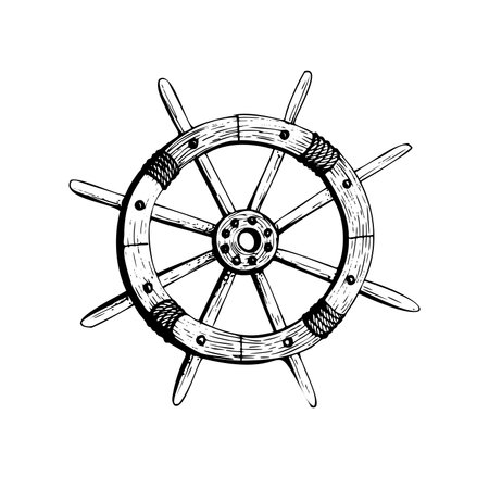 Wooden steering wheel from the ship. Isolated object drawn by hand in graphic technique. Vector illustration for summer, nautical and beach decoration and design.のイラスト素材