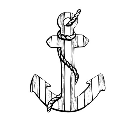 Wooden, striped anchor with a rope. Isolated object drawn by hand in graphic technique. Vector illustration for summer, nautical and beach decoration and design.のイラスト素材