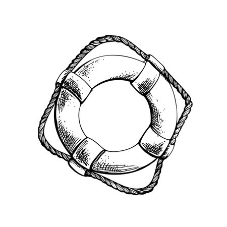 Lifebuoy with rope. Isolated object drawn by hand in graphic technique. Vector illustration for beach, summer, nautical decoration and design.のイラスト素材