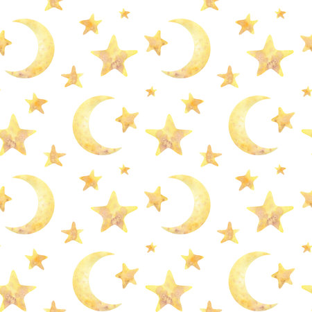 The moon and stars are yellow on a white background. Watercolor illustration. Seamless pattern from the BAMBOO collection. For decoration and design of fabrics, wallpaper, textiles, packaging paper.の写真素材