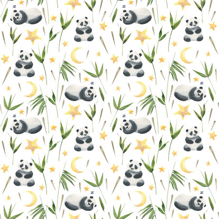 Cute panda sleeping and sitting among bamboo leaves and seeds with stars and moon. Watercolor illustration. Seamless pattern on a white background from the BAMBOO collection. For decoration, designの写真素材
