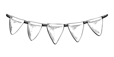Garland with flags. Black and white hand-drawn illustration in graphic technique. Isolated, vector objects from the NAUTICAL GRAPHICS collection. For decoration and design.のイラスト素材