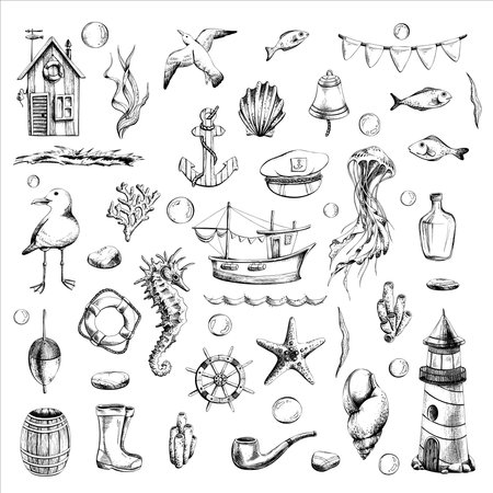 Nautical set with ship, lighthouse, underwater animals and various elements. Black and white hand-drawn illustration in graphic technique. Isolated, vector objects. in EPS format. For design.のイラスト素材
