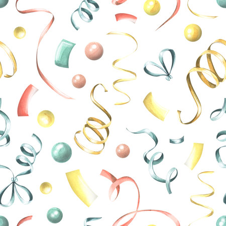 Multicolored ribbons and confetti on a white background. Watercolor illustration. festive, congratulatory, seamless pattern from the collection of HAPPY BIRTHDAY. For wrapping paper, fabric, textile.の写真素材