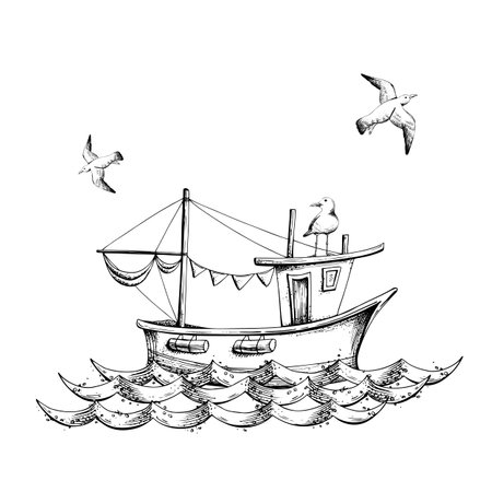 Sailing boat on the waves with sea gulls, isolated composition on a white background hand drawn in graphic style. Eps vector illustration. For prints, posters, cards, stickers.のイラスト素材