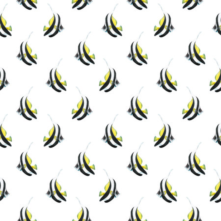 Bright striped triangular, tropical fish in white, yellow and black Moorish idol on a white background. Watercolor illustration, hand-drawn seamless pattern. For fabric, textile, wallpaper.の写真素材
