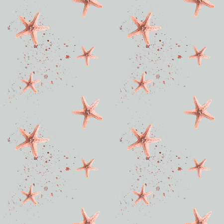 Coral-colored starfish with splashes and splashes of paint on a grey background. Watercolor illustration. Seamless pattern from MEDUSA AND SEA HORSE collection. For fabric, textile, wallpaper.の写真素材