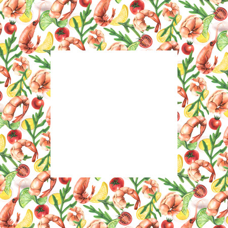 Square frame empty template with white background for text, information with shrimp, greens, vegetables and eggs. Watercolor illustration hand drawn. For menus, recipes, cookingの写真素材